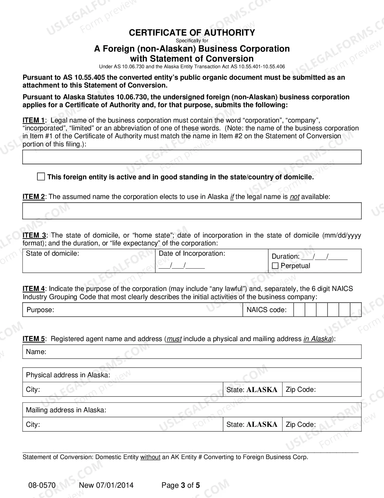 Preview Statement of Conversion - Domestic Entity without AK Entity Number Converting to Foreign Business Corporation
