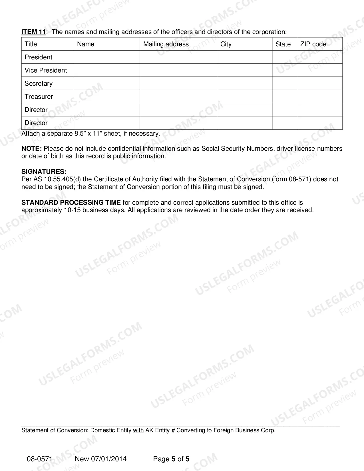 Preview Statement of Conversion - Domestic Entity with AK Entity Number Converting to Foreign Business Corporation