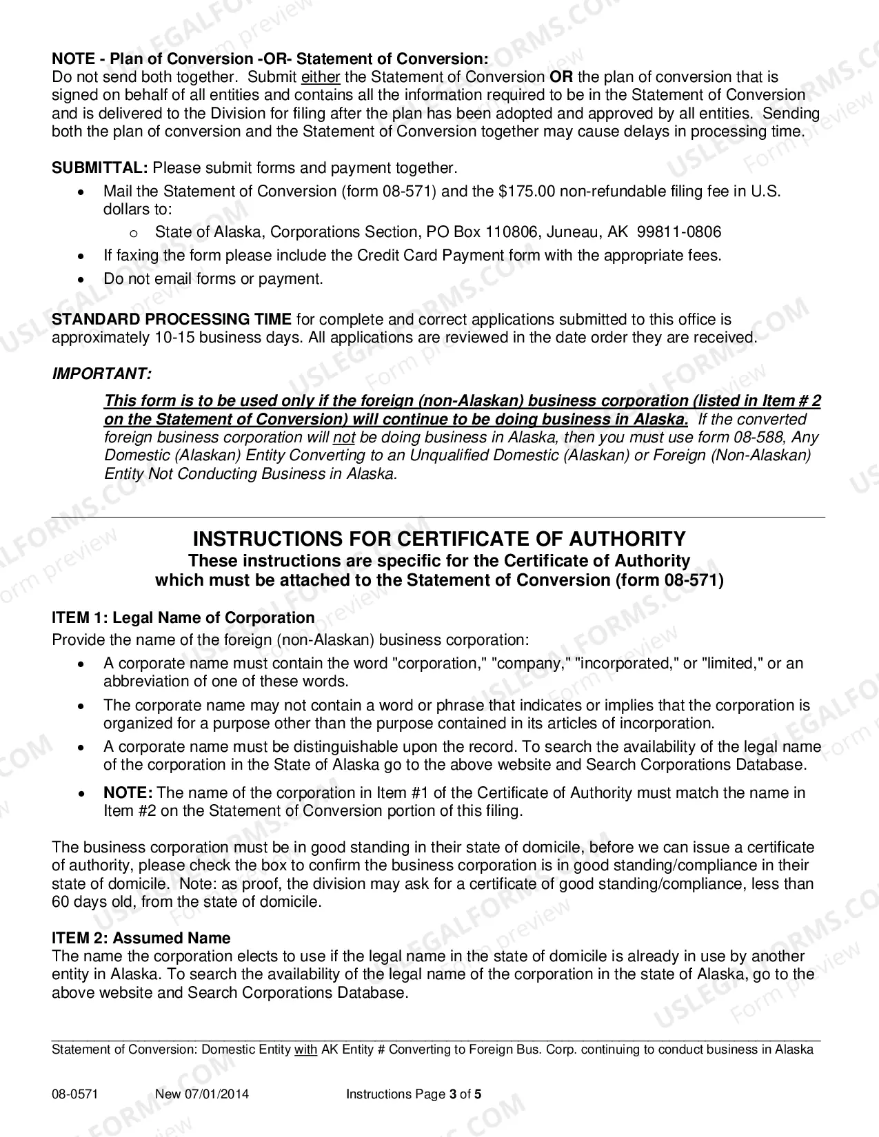 Preview Statement of Conversion - Domestic Entity with AK Entity Number Converting to Foreign Business Corporation