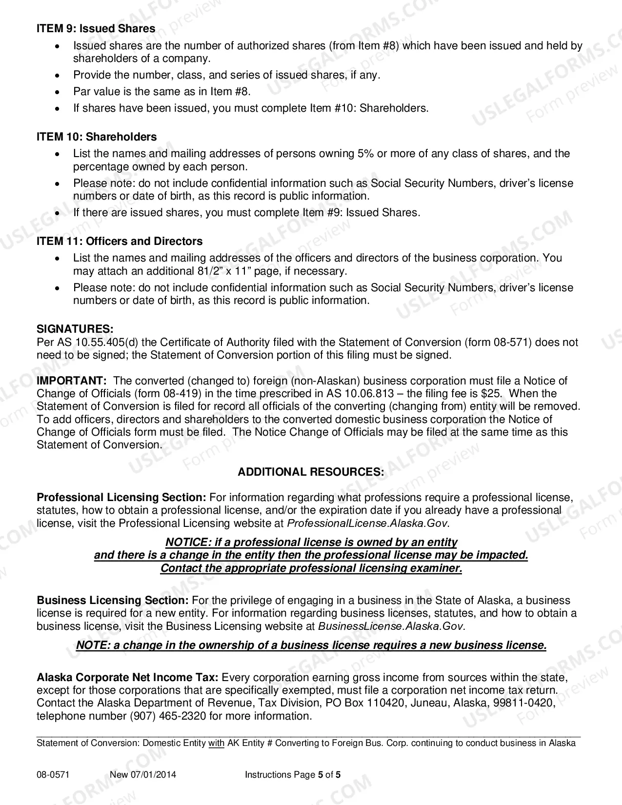 Preview Statement of Conversion - Domestic Entity with AK Entity Number Converting to Foreign Business Corporation