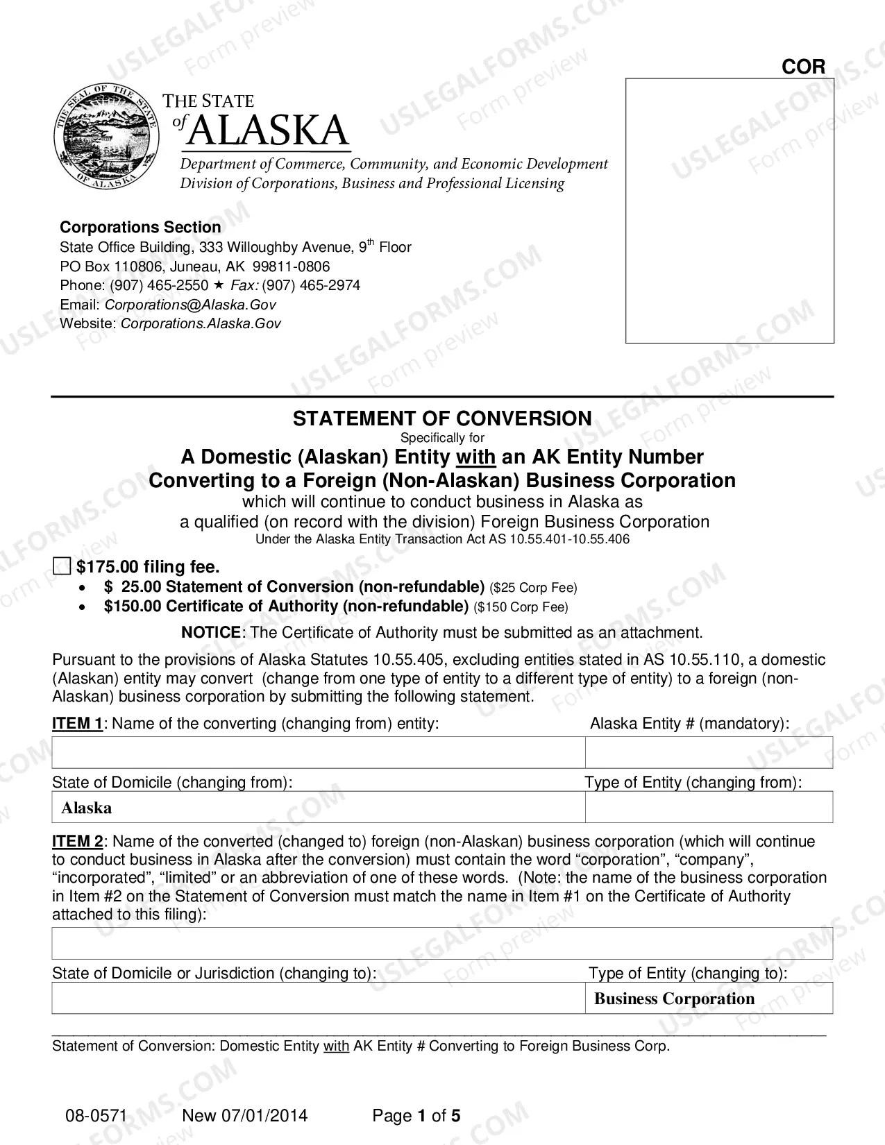 Preview Statement of Conversion - Domestic Entity with AK Entity Number Converting to Foreign Business Corporation
