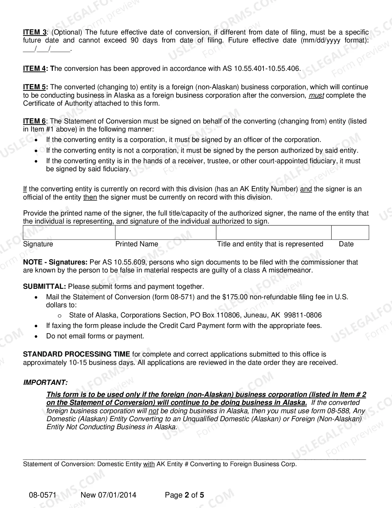 Preview Statement of Conversion - Domestic Entity with AK Entity Number Converting to Foreign Business Corporation