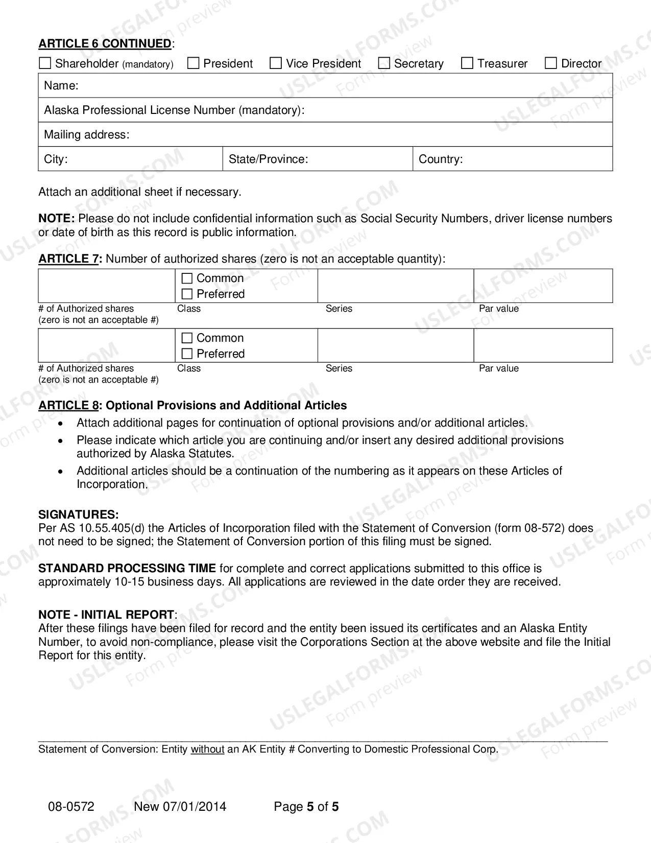 Preview Statement of Conversion - Entity without AK Entity Number Converting to Domestic Professional Corporation