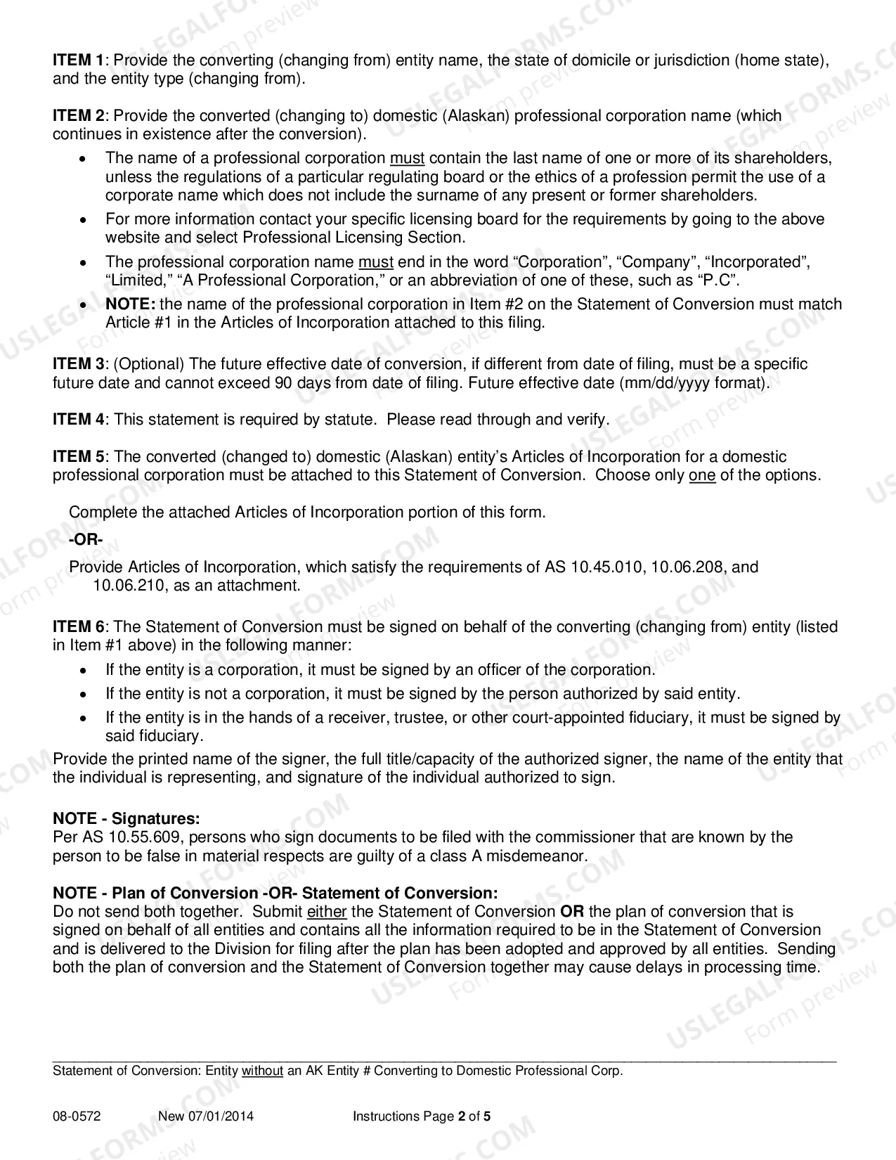 Preview Statement of Conversion - Entity without AK Entity Number Converting to Domestic Professional Corporation