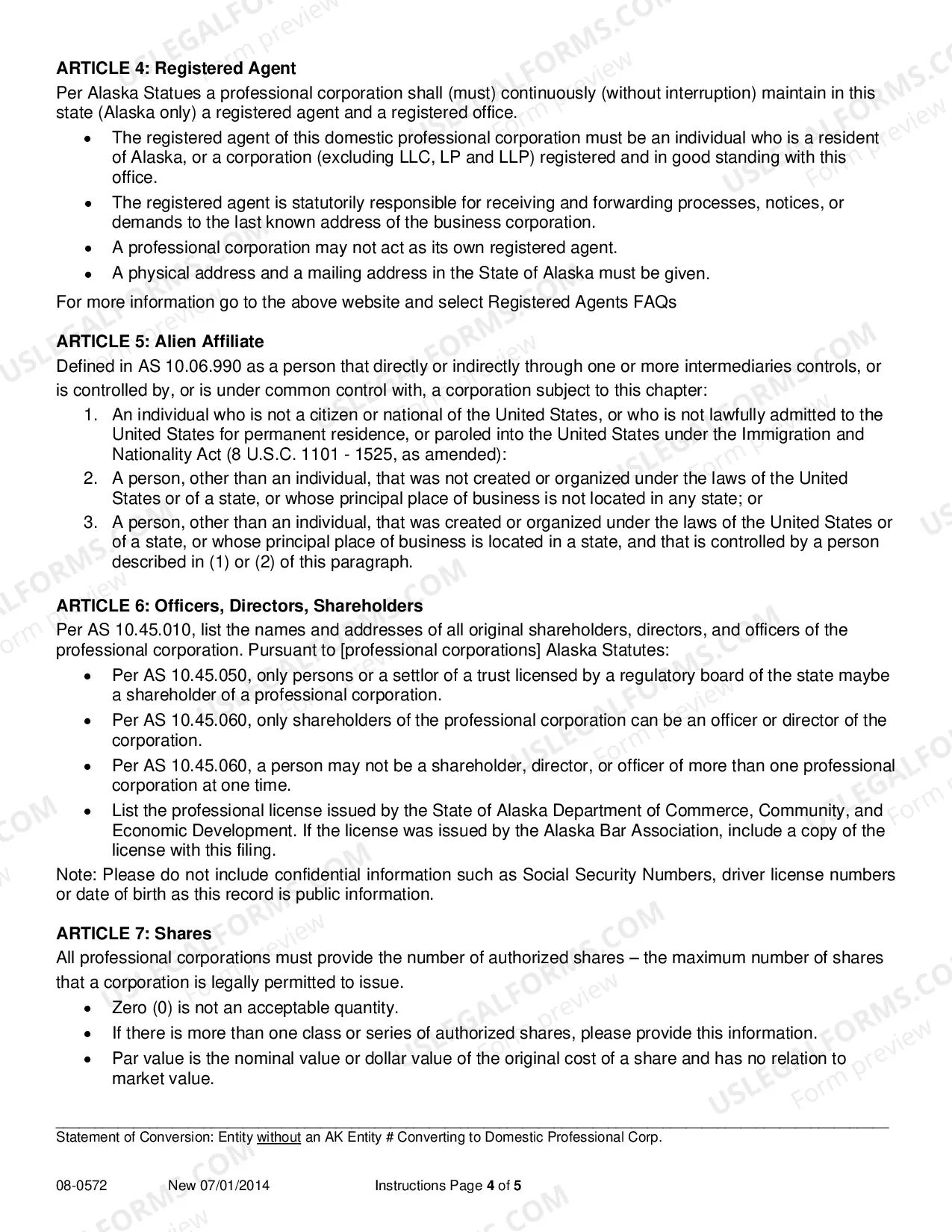 Preview Statement of Conversion - Entity without AK Entity Number Converting to Domestic Professional Corporation