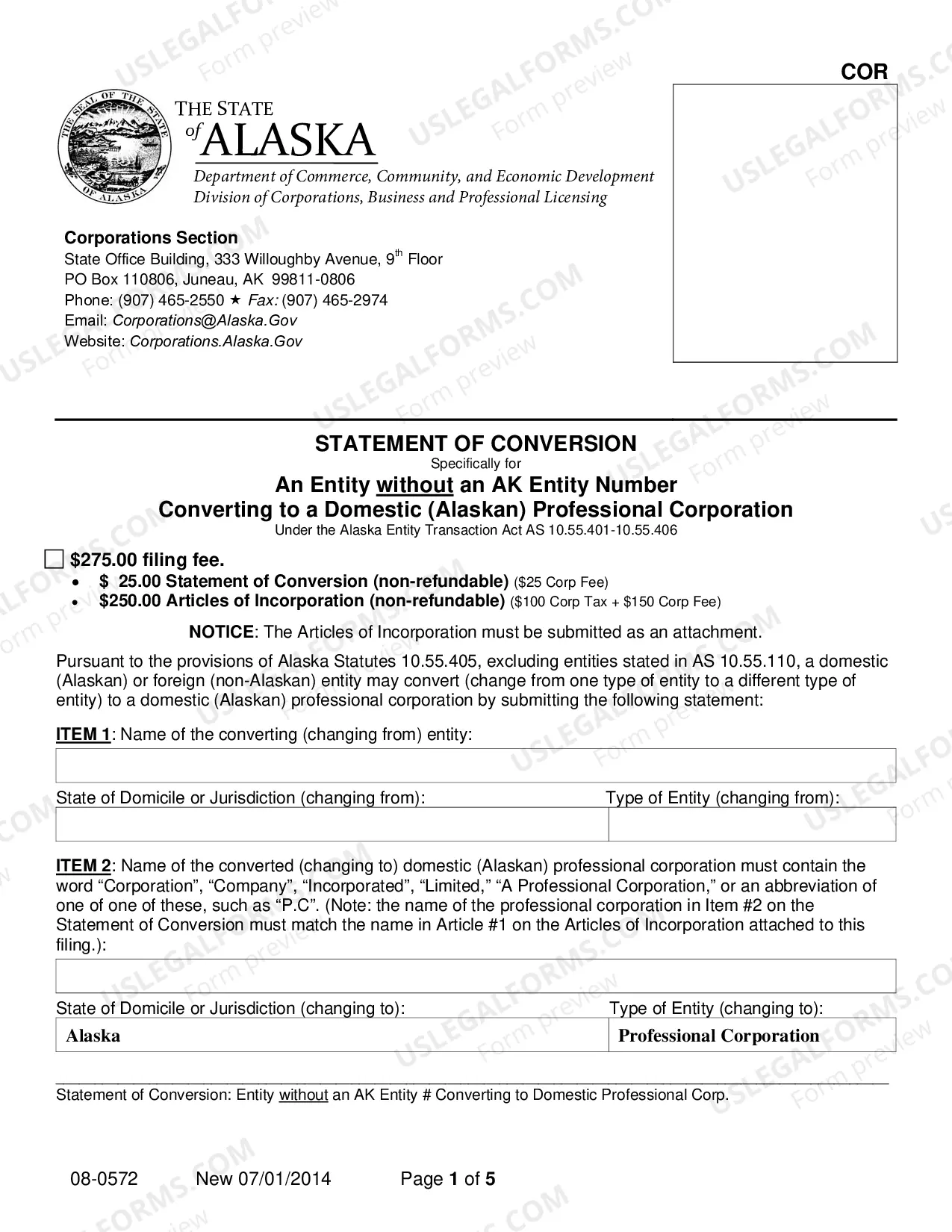 Preview Statement of Conversion - Entity without AK Entity Number Converting to Domestic Professional Corporation