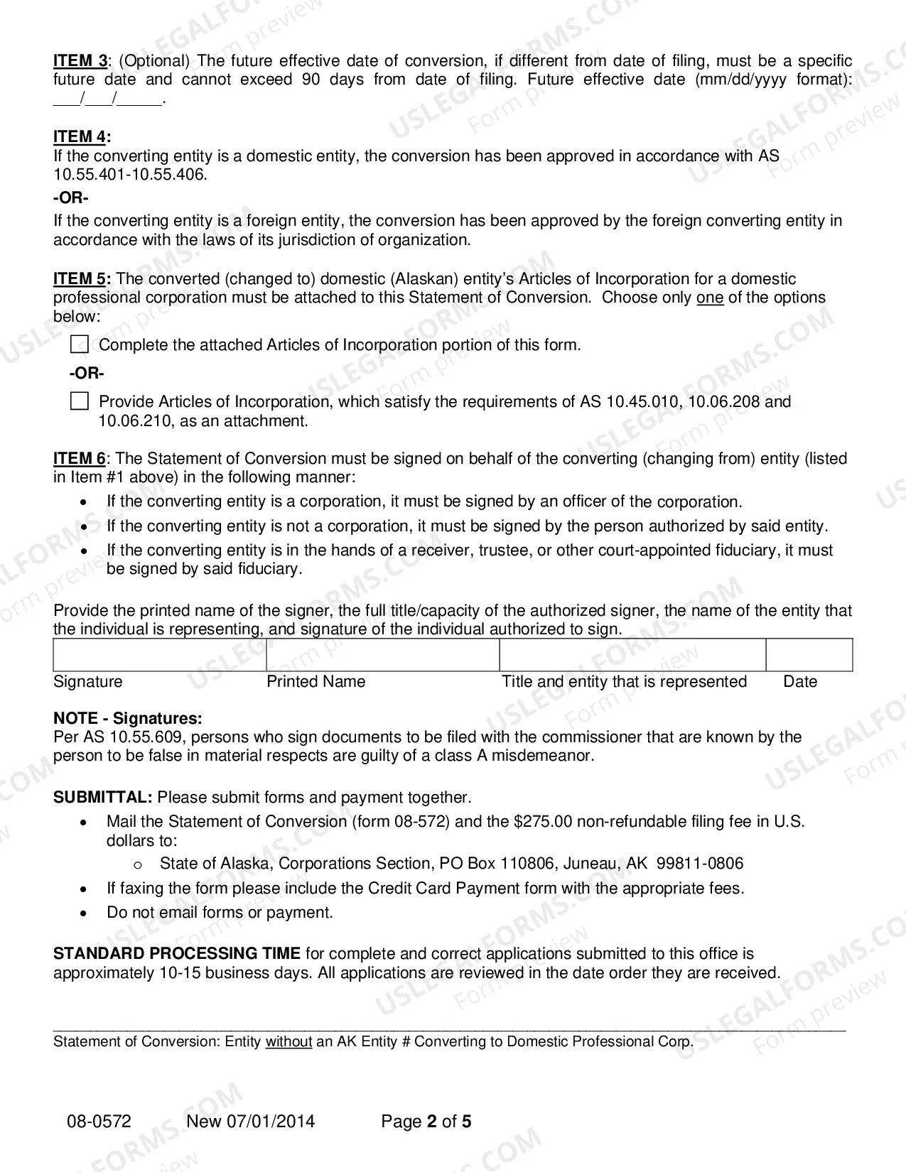 Preview Statement of Conversion - Entity without AK Entity Number Converting to Domestic Professional Corporation