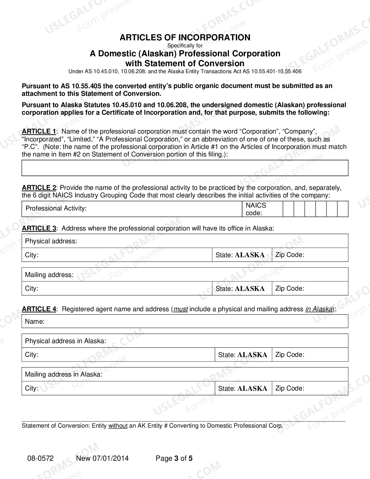 Preview Statement of Conversion - Entity without AK Entity Number Converting to Domestic Professional Corporation
