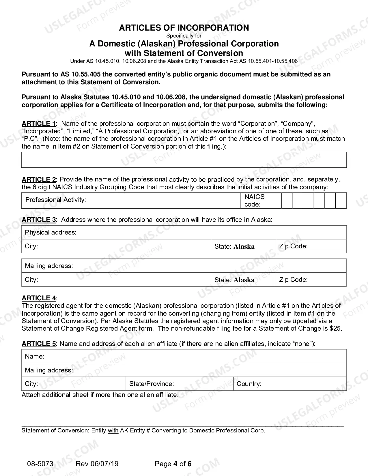 Preview Statement of Conversion - Entity with AK Entity Number Converting to Domestic Professional Corporation
