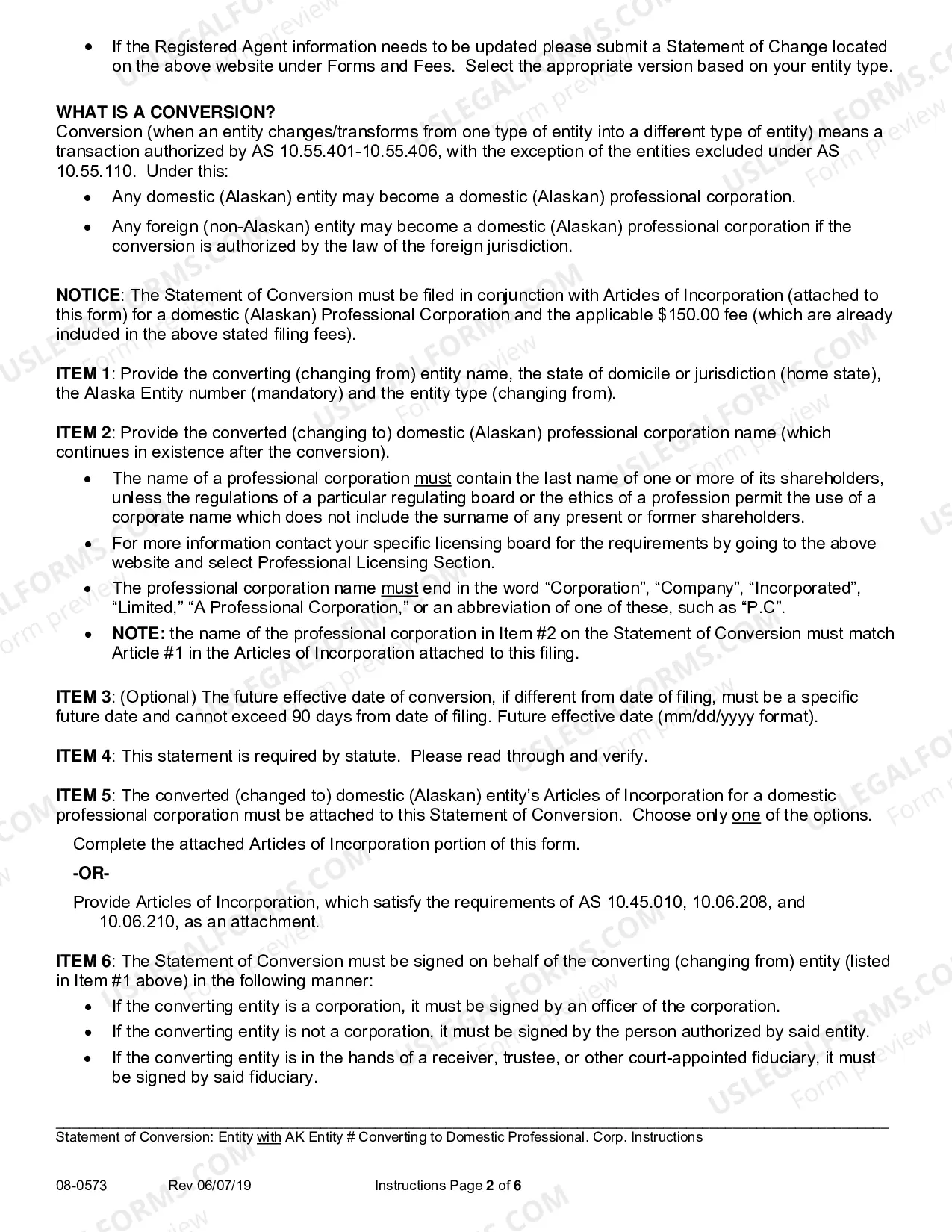 Preview Statement of Conversion - Entity with AK Entity Number Converting to Domestic Professional Corporation
