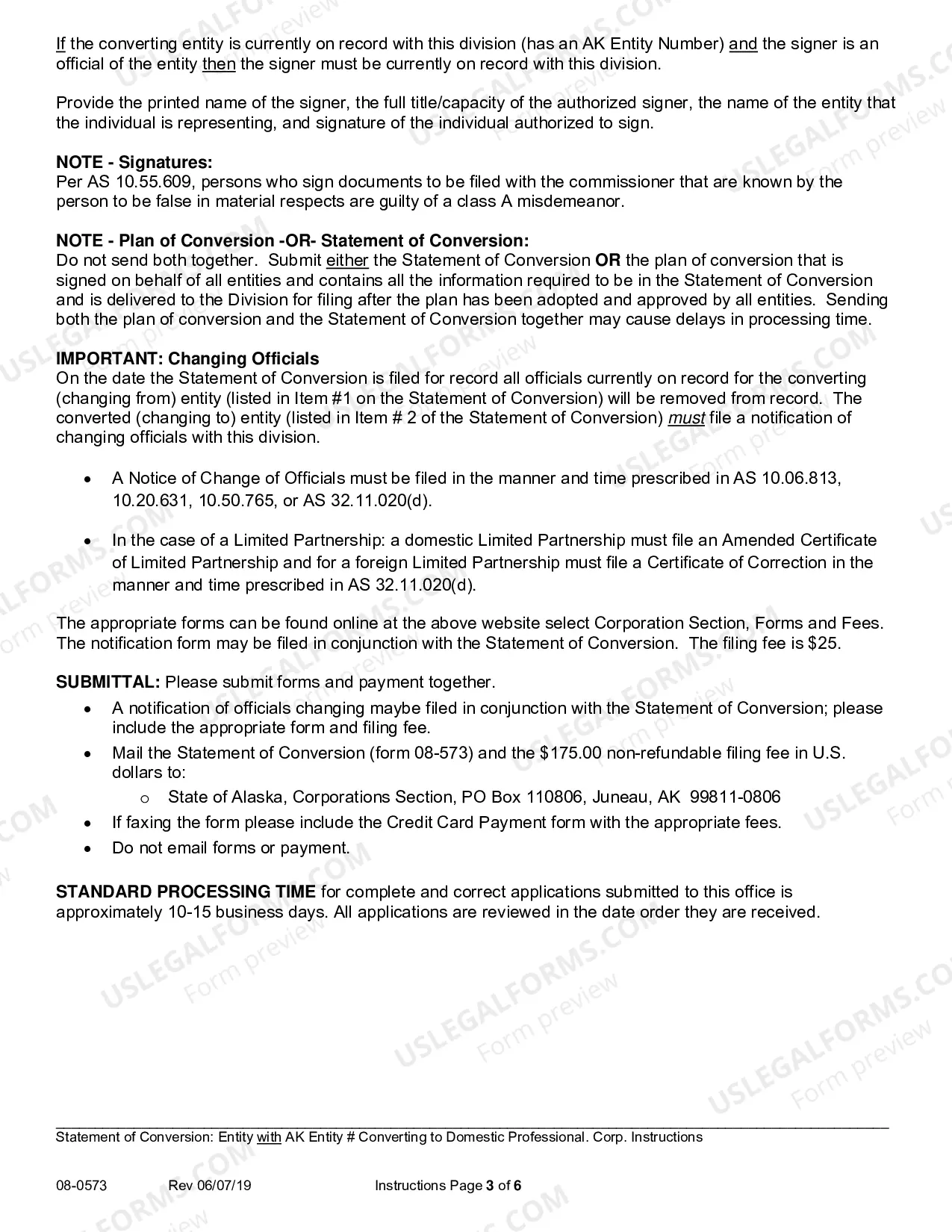 Preview Statement of Conversion - Entity with AK Entity Number Converting to Domestic Professional Corporation