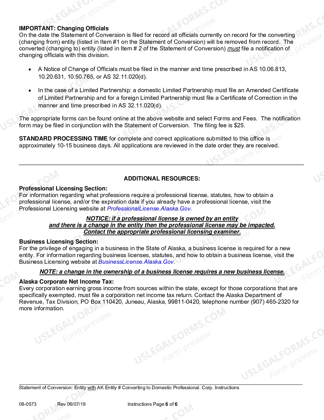 Preview Statement of Conversion - Entity with AK Entity Number Converting to Domestic Professional Corporation