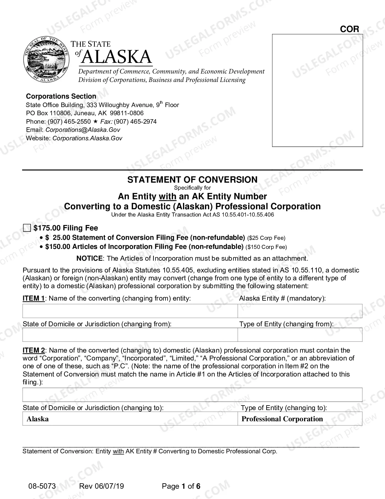 Preview Statement of Conversion - Entity with AK Entity Number Converting to Domestic Professional Corporation