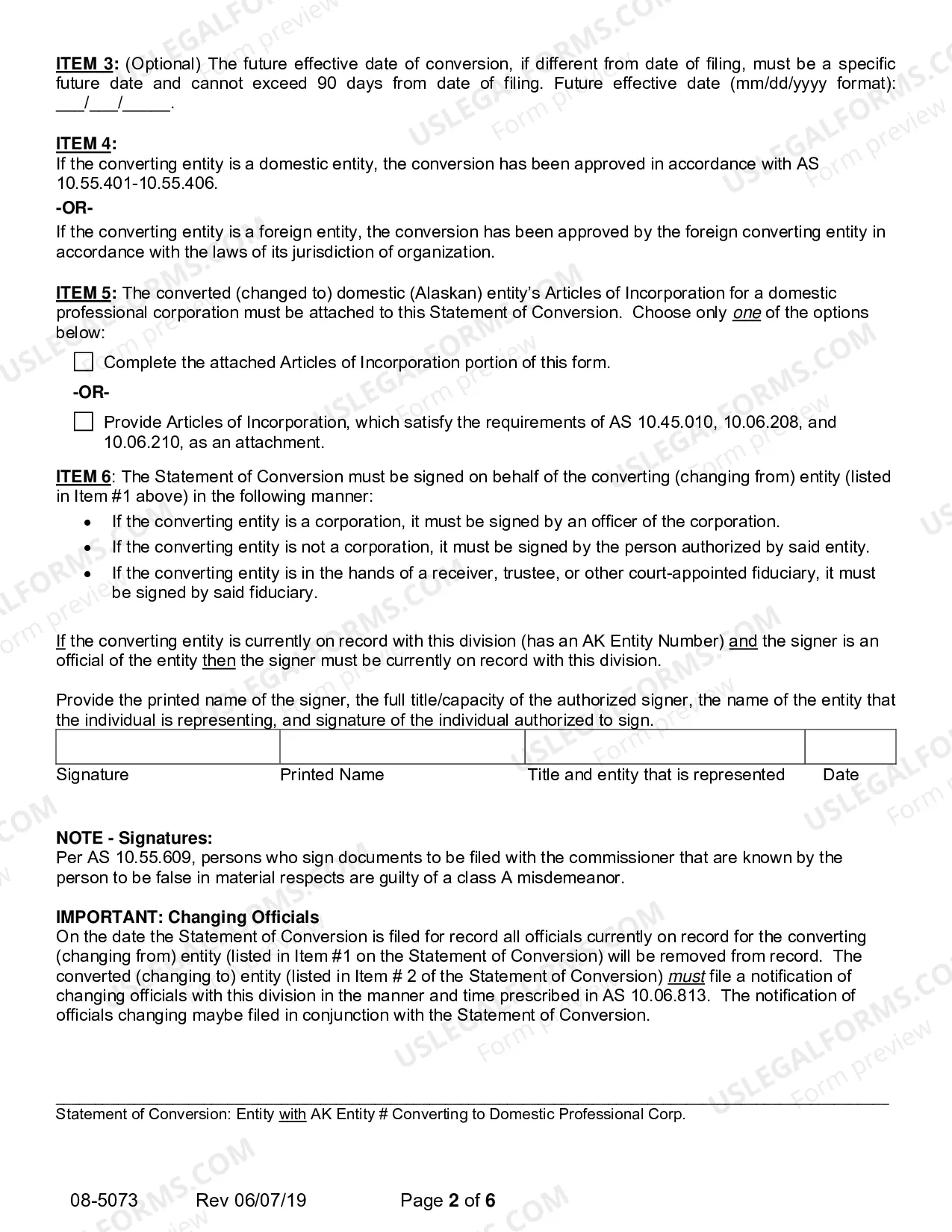 Preview Statement of Conversion - Entity with AK Entity Number Converting to Domestic Professional Corporation
