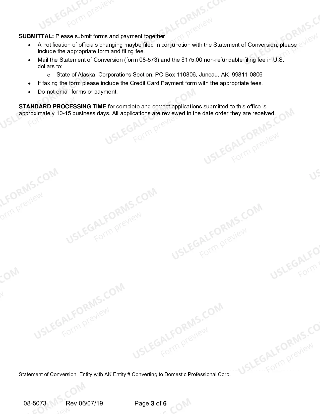 Preview Statement of Conversion - Entity with AK Entity Number Converting to Domestic Professional Corporation