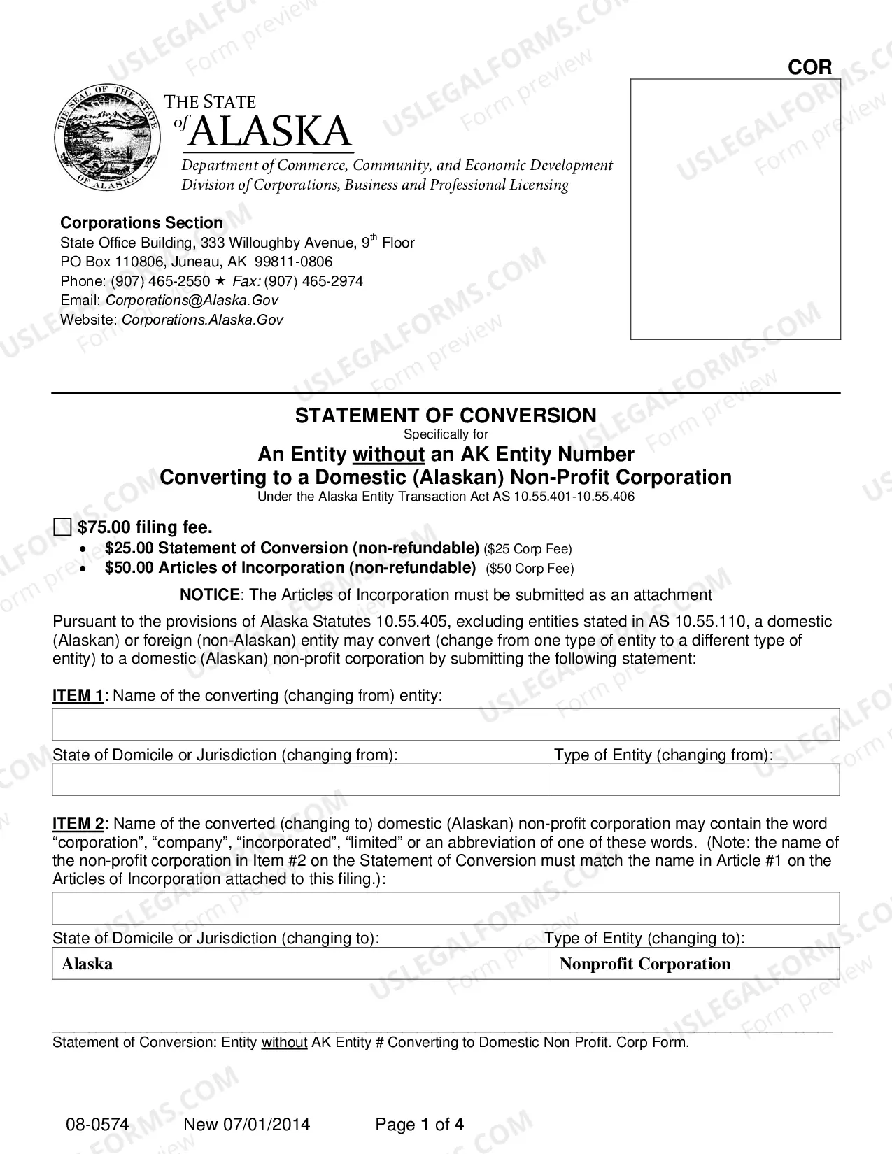 Preview Statement of Conversion - Entity without AK Entity Number Converting to Domestic Nonprofit Corporation