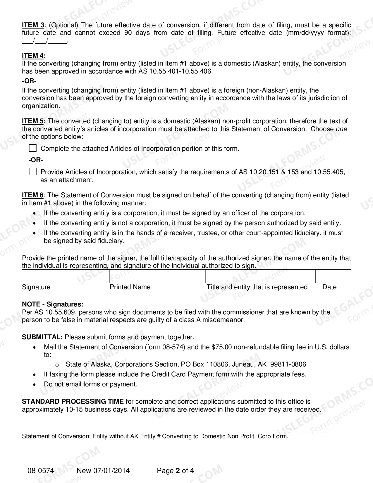 Preview Statement of Conversion - Entity without AK Entity Number Converting to Domestic Nonprofit Corporation