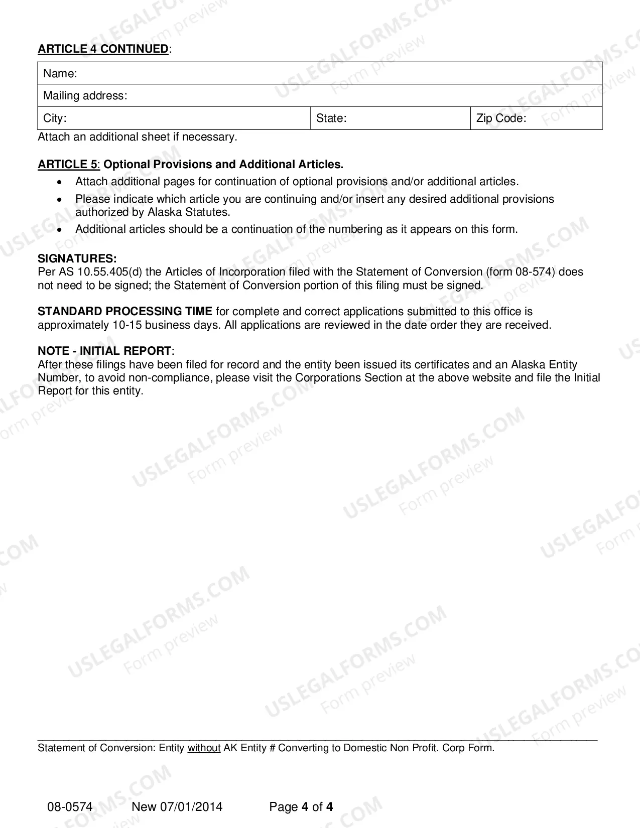Preview Statement of Conversion - Entity without AK Entity Number Converting to Domestic Nonprofit Corporation