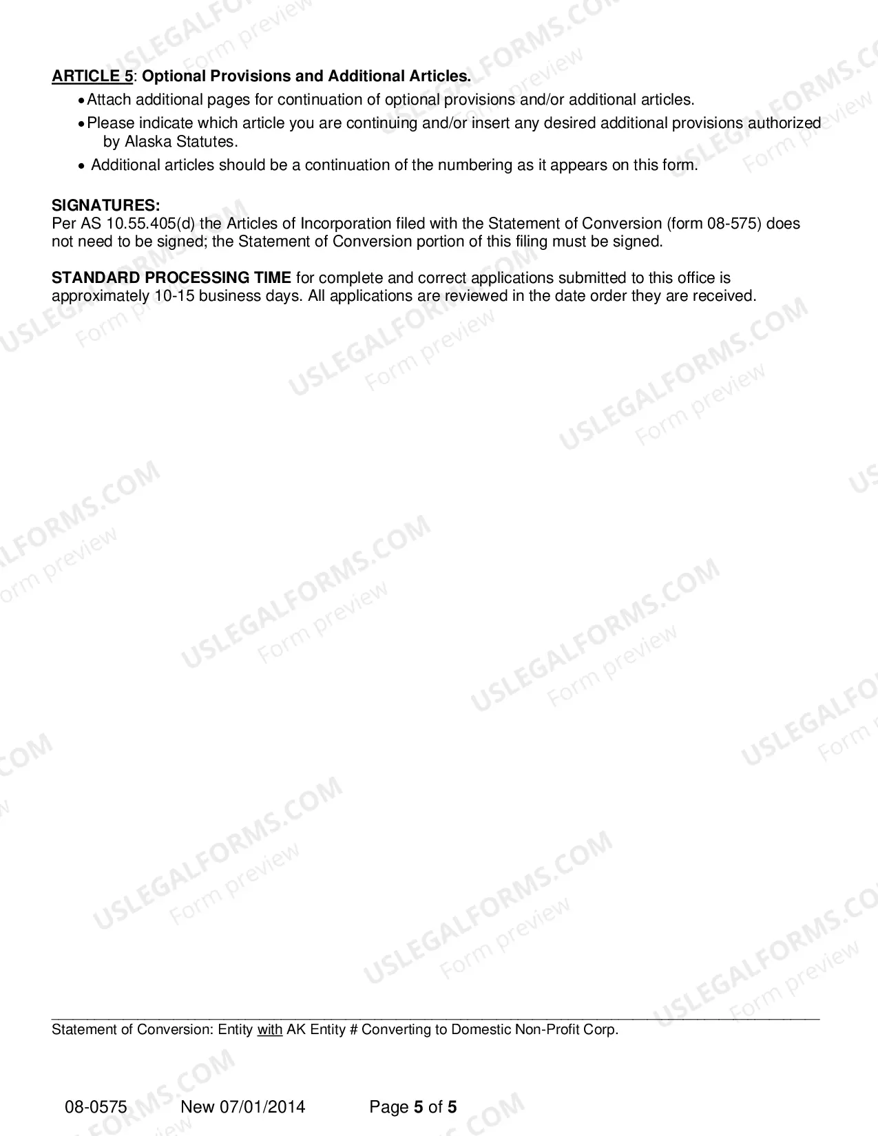 Preview Statement of Conversion - Entity with AK Entity Number Converting to Domestic Nonprofit Corporation