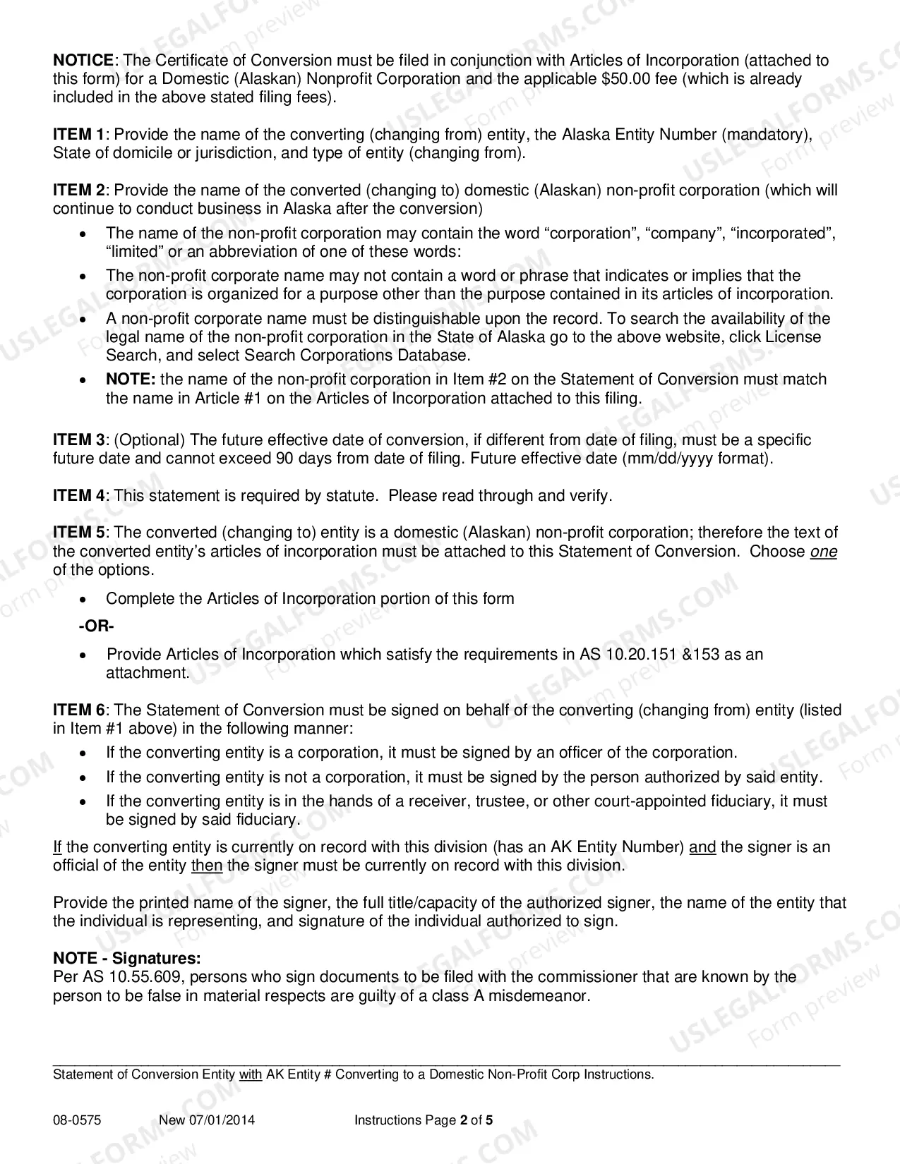Preview Statement of Conversion - Entity with AK Entity Number Converting to Domestic Nonprofit Corporation