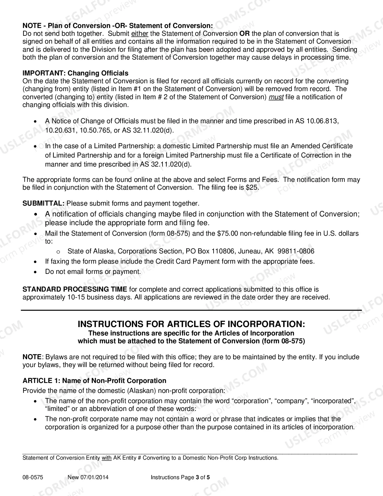 Preview Statement of Conversion - Entity with AK Entity Number Converting to Domestic Nonprofit Corporation