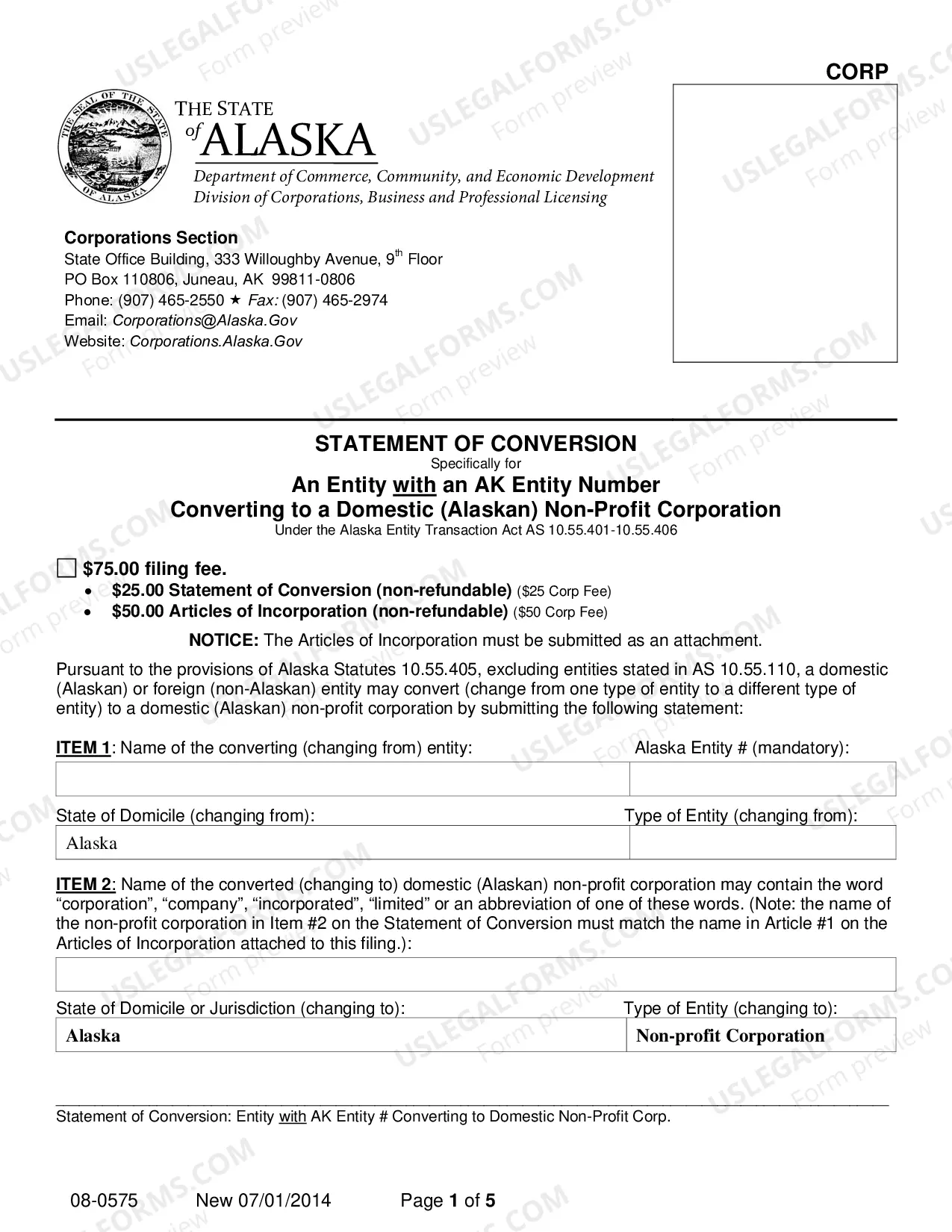 Preview Statement of Conversion - Entity with AK Entity Number Converting to Domestic Nonprofit Corporation