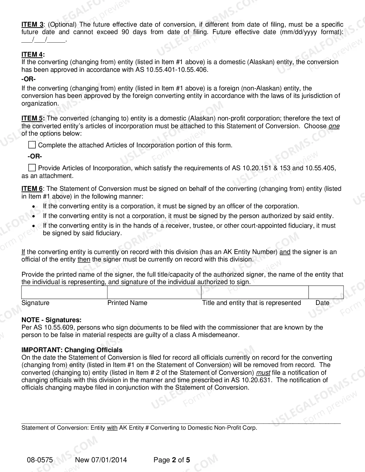 Preview Statement of Conversion - Entity with AK Entity Number Converting to Domestic Nonprofit Corporation