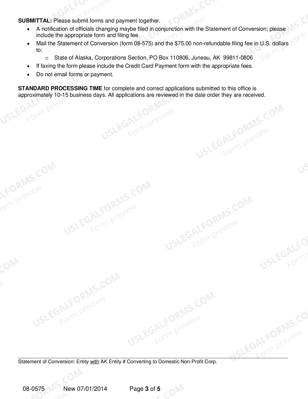 Preview Statement of Conversion - Entity with AK Entity Number Converting to Domestic Nonprofit Corporation