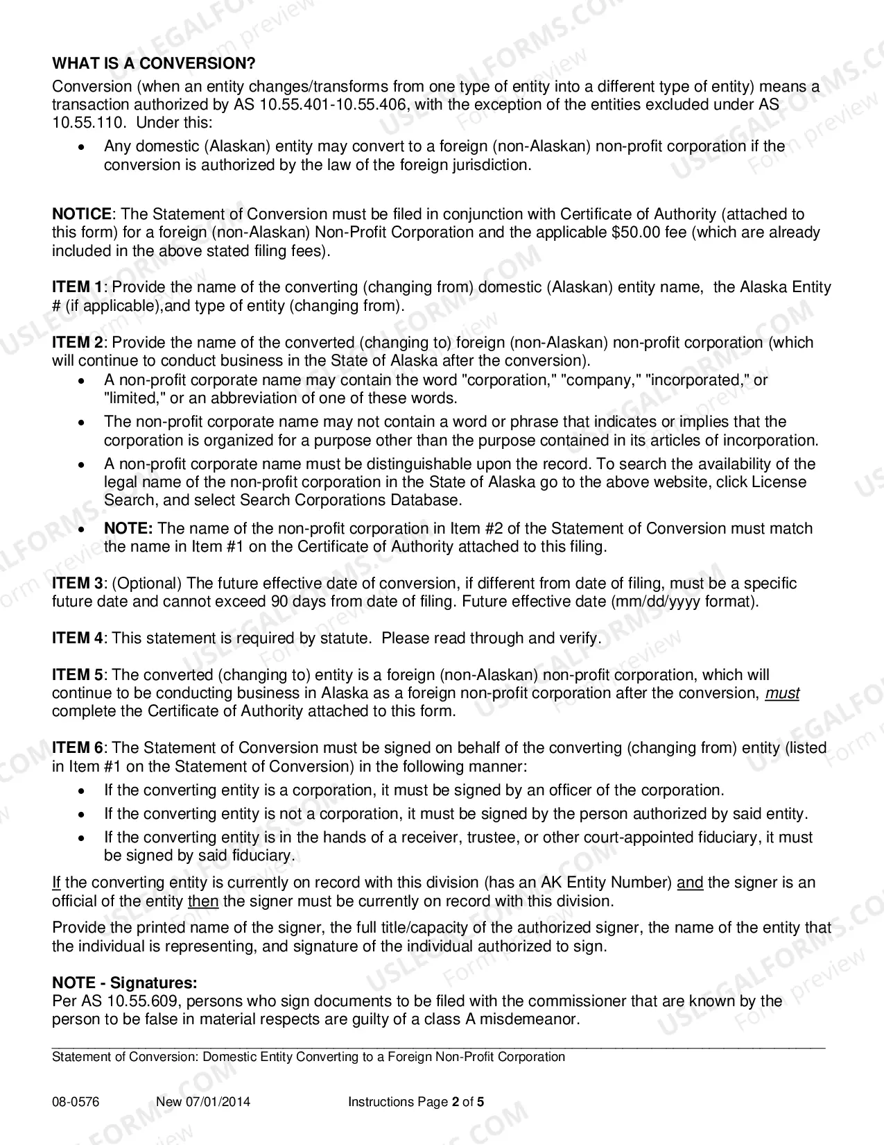 Preview Statement of Conversion - Domestic Entity Converting to Foreign Nonprofit Corporation