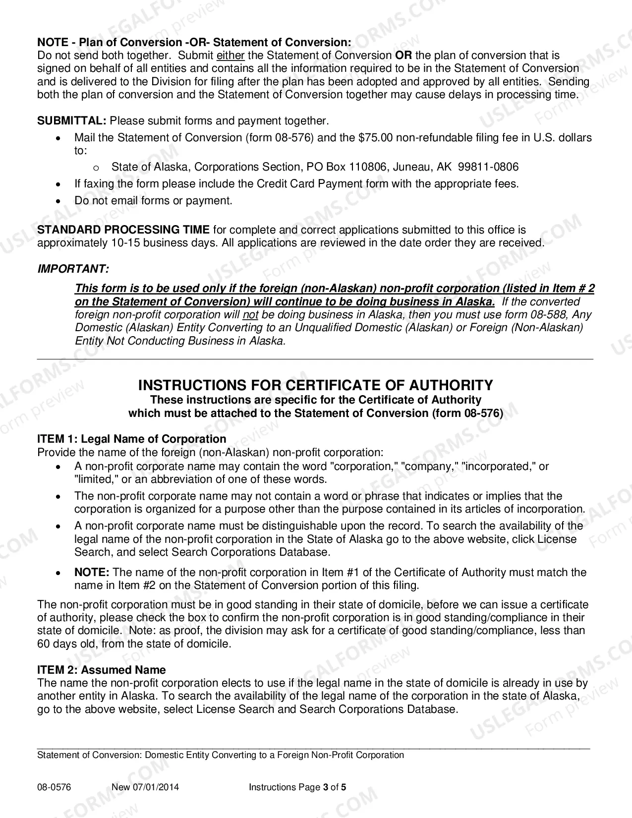 Preview Statement of Conversion - Domestic Entity Converting to Foreign Nonprofit Corporation