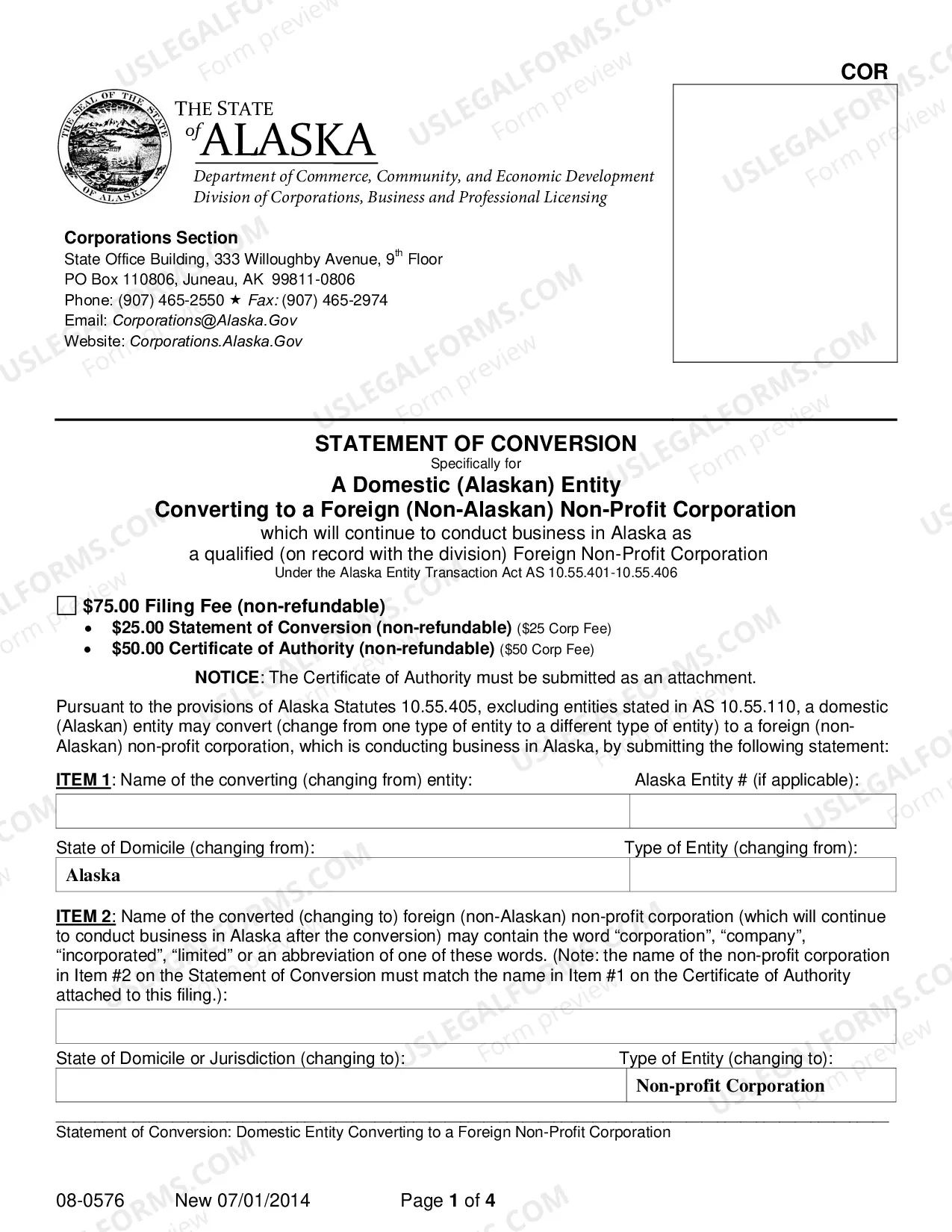 Preview Statement of Conversion - Domestic Entity Converting to Foreign Nonprofit Corporation