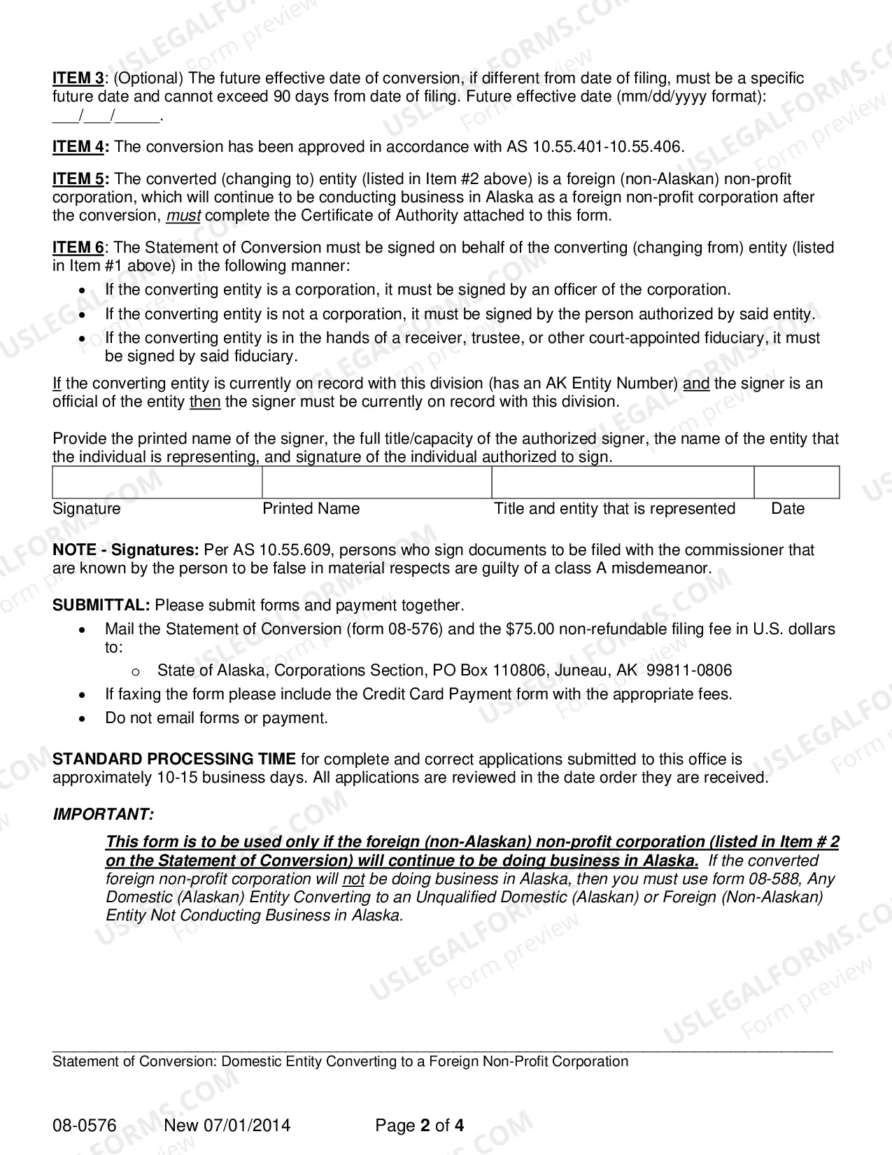Preview Statement of Conversion - Domestic Entity Converting to Foreign Nonprofit Corporation