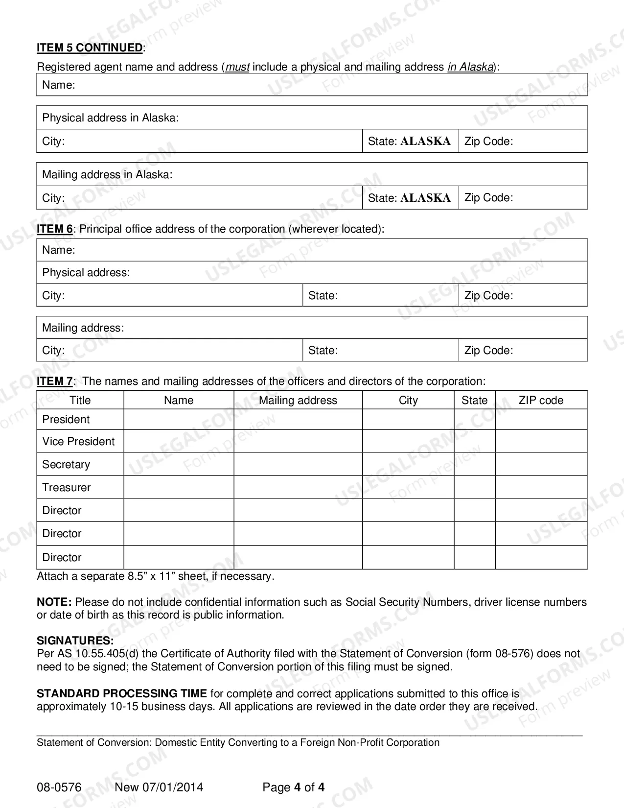 Preview Statement of Conversion - Domestic Entity Converting to Foreign Nonprofit Corporation