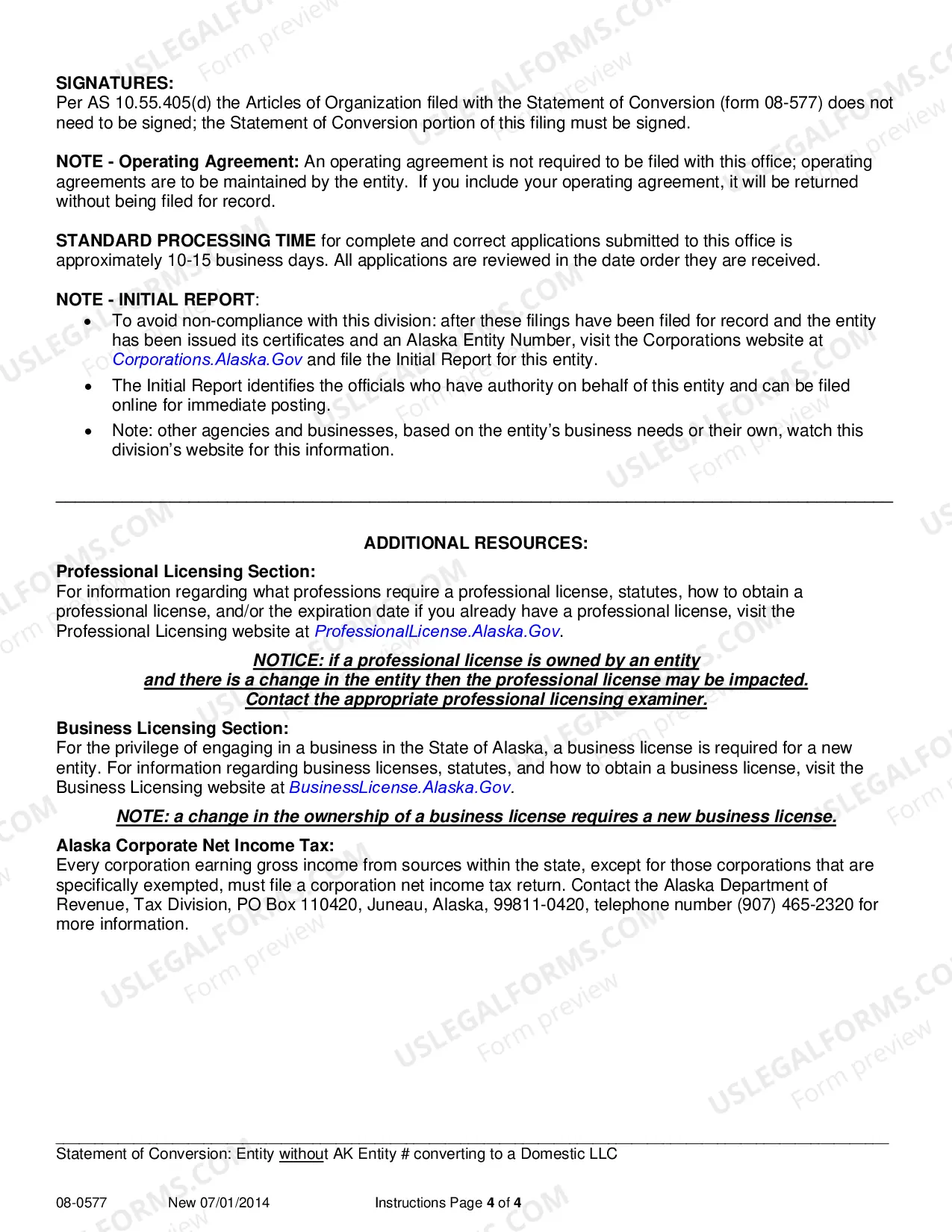 Preview Statement of Conversion - Entity without AK Entity Number Converting to Domestic LLC