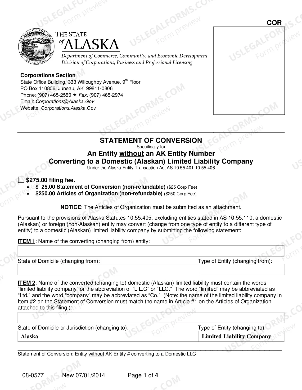 Preview Statement of Conversion - Entity without AK Entity Number Converting to Domestic LLC