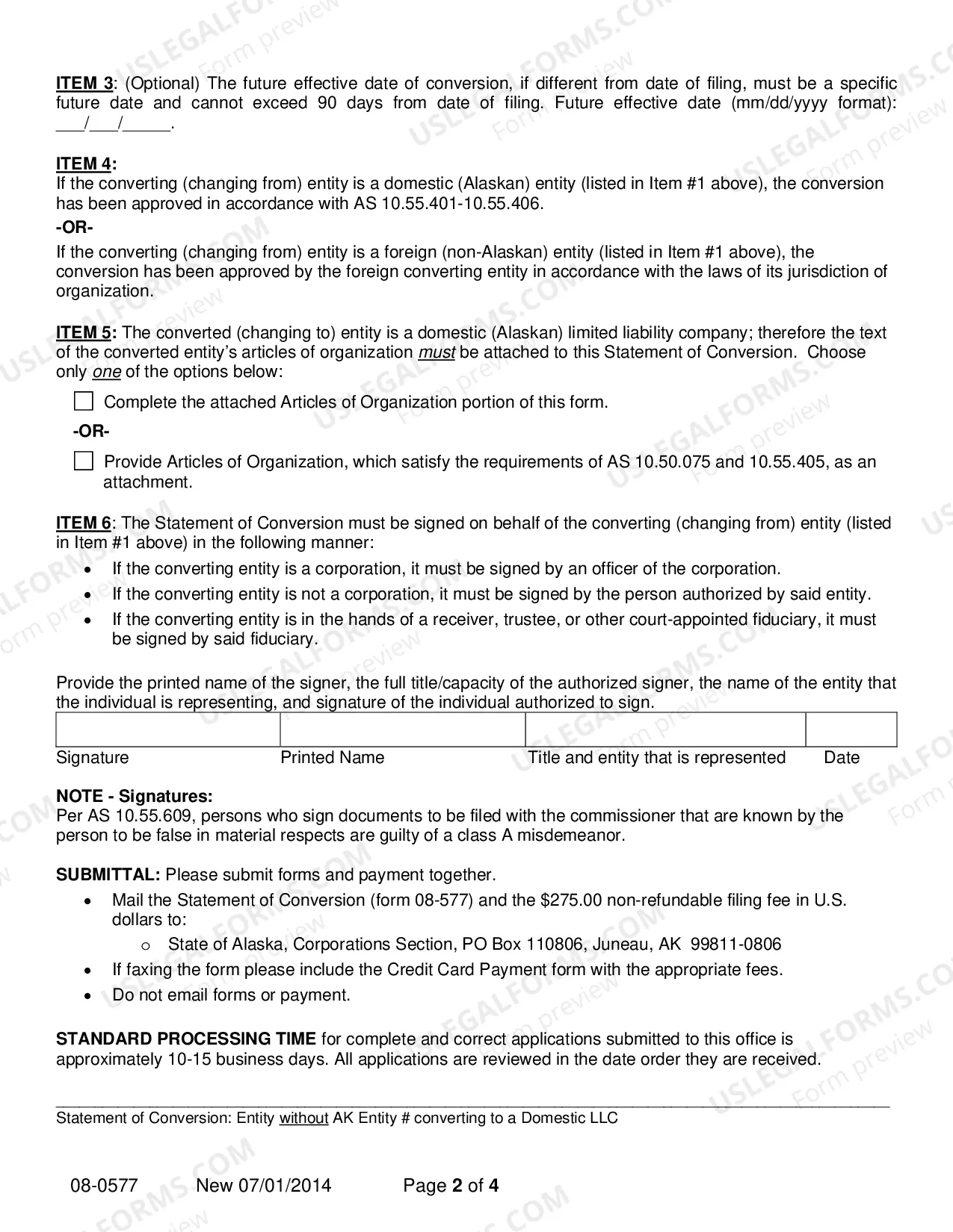 Preview Statement of Conversion - Entity without AK Entity Number Converting to Domestic LLC