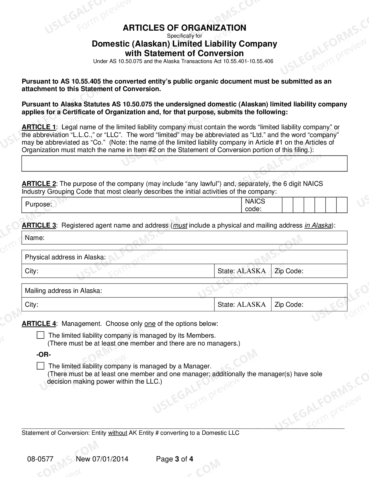 Preview Statement of Conversion - Entity without AK Entity Number Converting to Domestic LLC