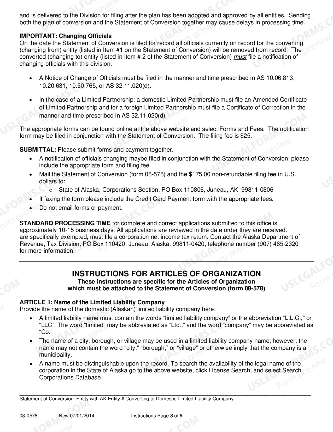 Preview Statement of Conversion - Entity with AK Entity Number Converting to Domestic LLC
