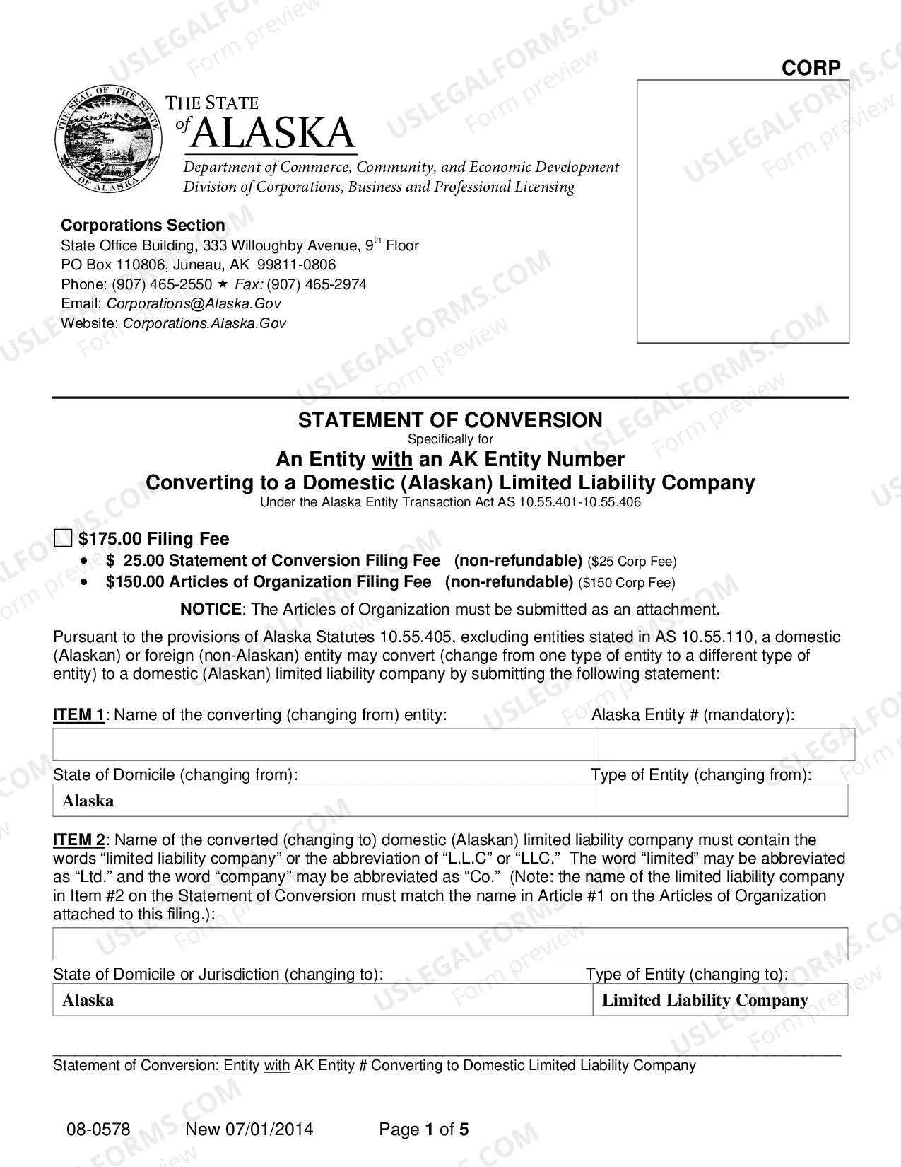 Preview Statement of Conversion - Entity with AK Entity Number Converting to Domestic LLC