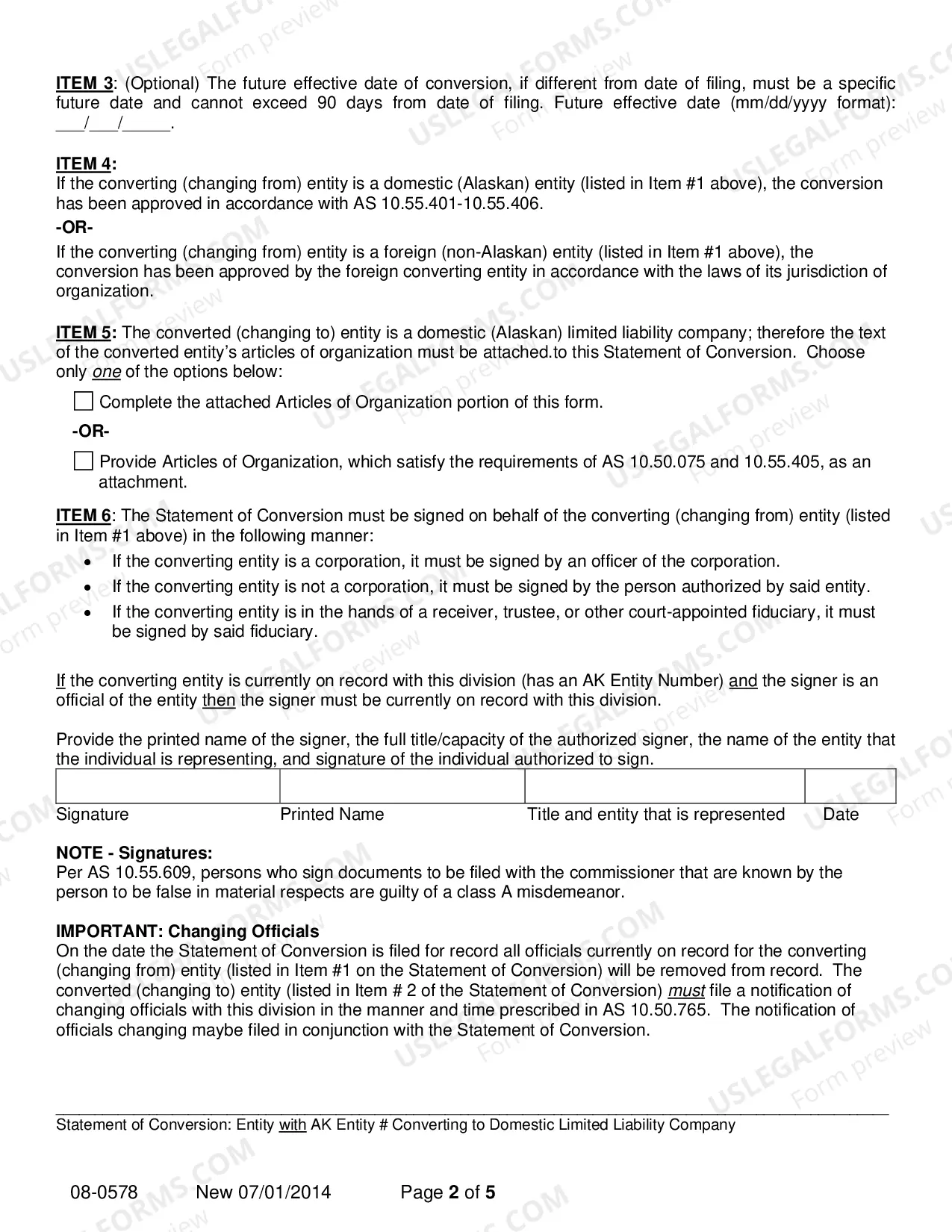 Preview Statement of Conversion - Entity with AK Entity Number Converting to Domestic LLC