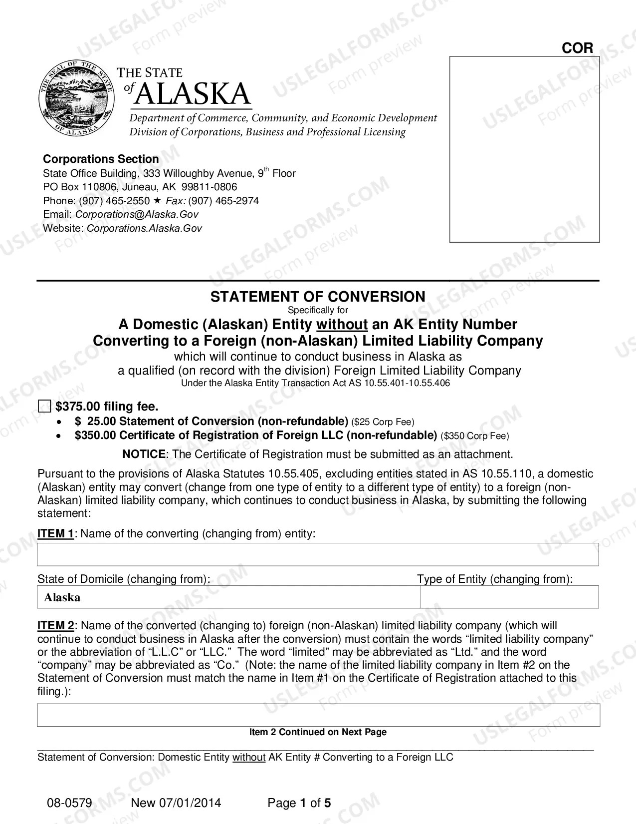 Preview Statement of Conversion - Domestic Entity without AK Entity Number Converting to Foreign LLC