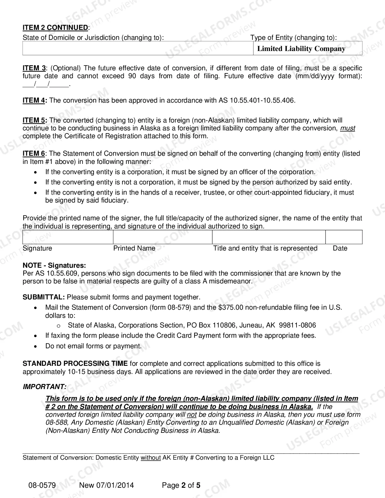 Preview Statement of Conversion - Domestic Entity without AK Entity Number Converting to Foreign LLC