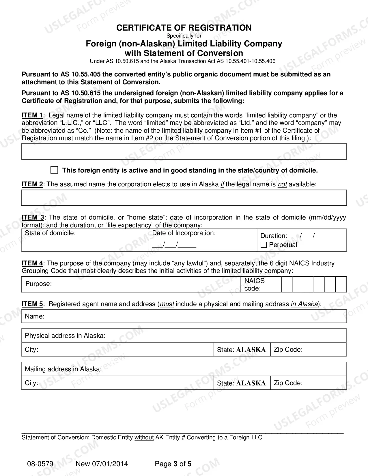 Preview Statement of Conversion - Domestic Entity without AK Entity Number Converting to Foreign LLC
