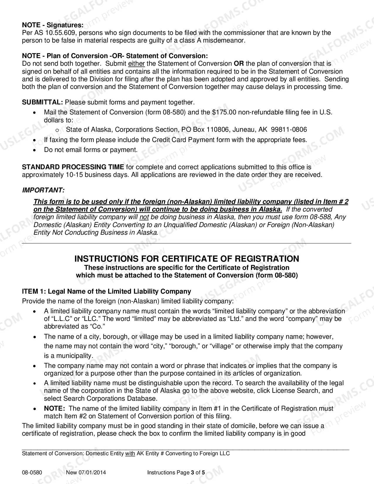 Preview Statement of Conversion - Domestic Entity with AK Entity Number Converting to Foreign LLC