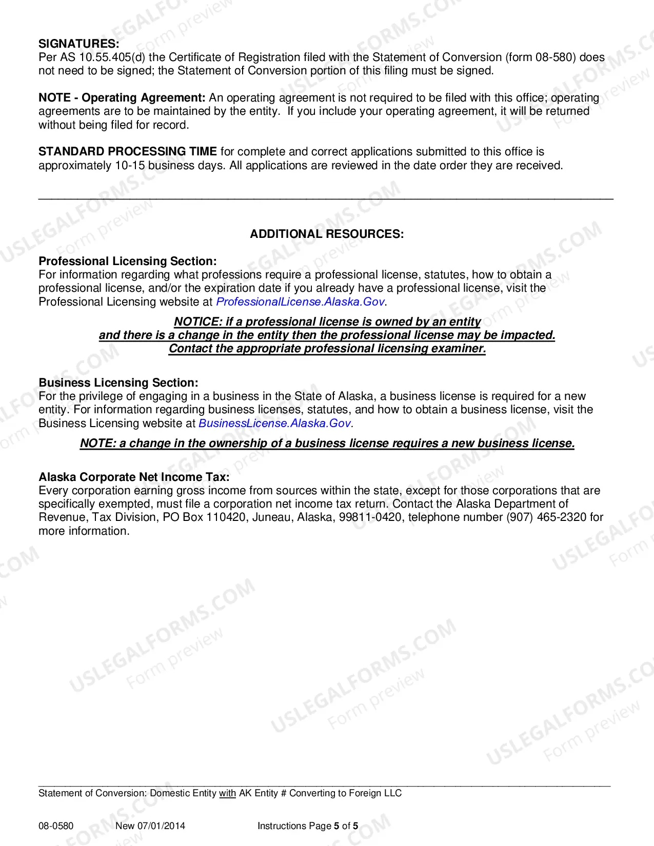 Preview Statement of Conversion - Domestic Entity with AK Entity Number Converting to Foreign LLC