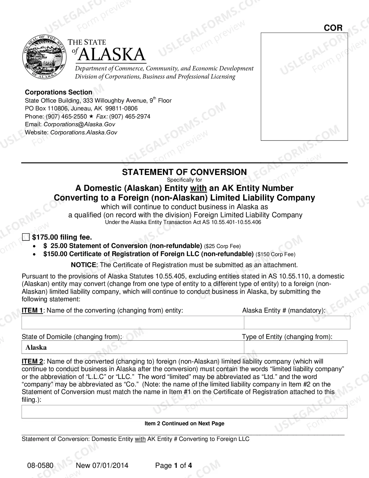 Preview Statement of Conversion - Domestic Entity with AK Entity Number Converting to Foreign LLC