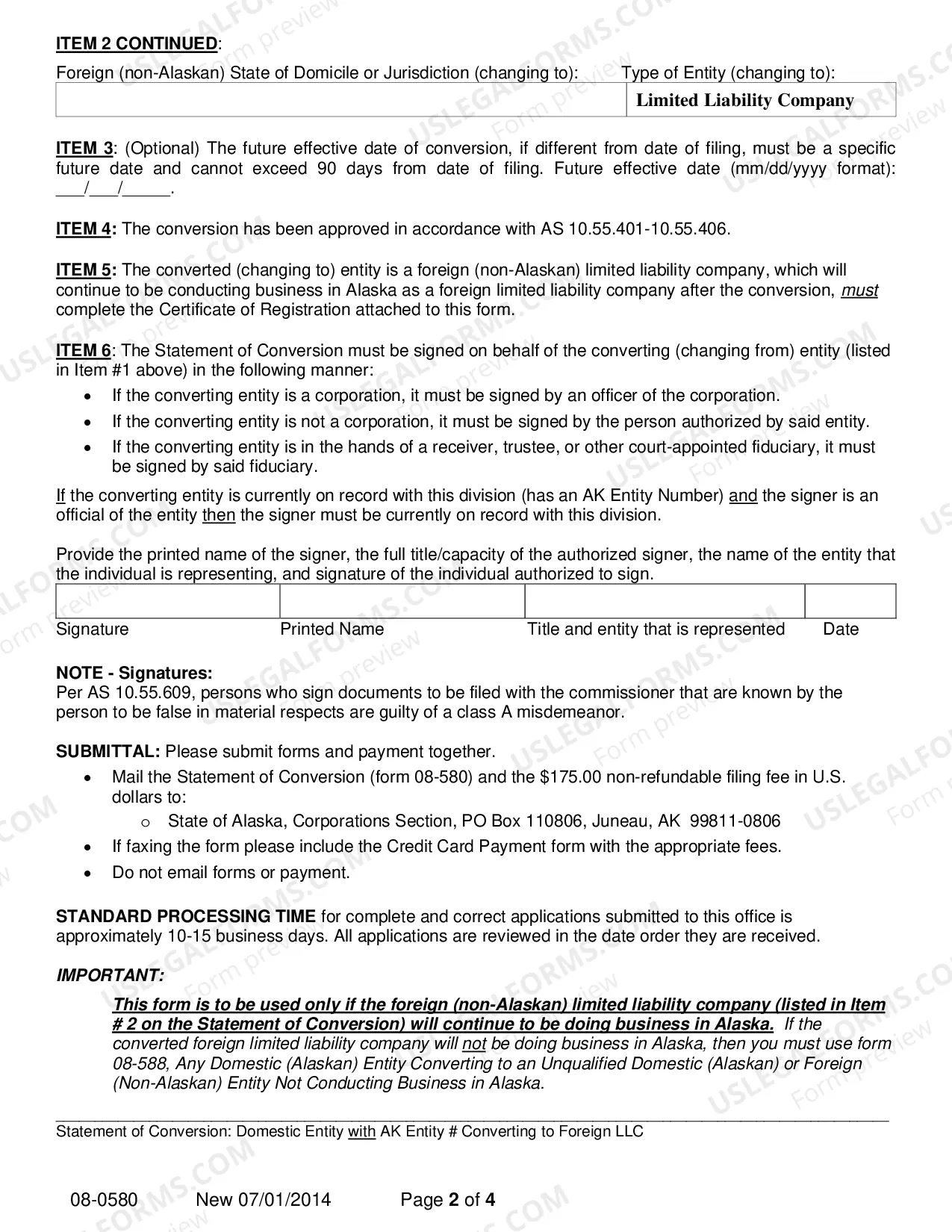 Preview Statement of Conversion - Domestic Entity with AK Entity Number Converting to Foreign LLC