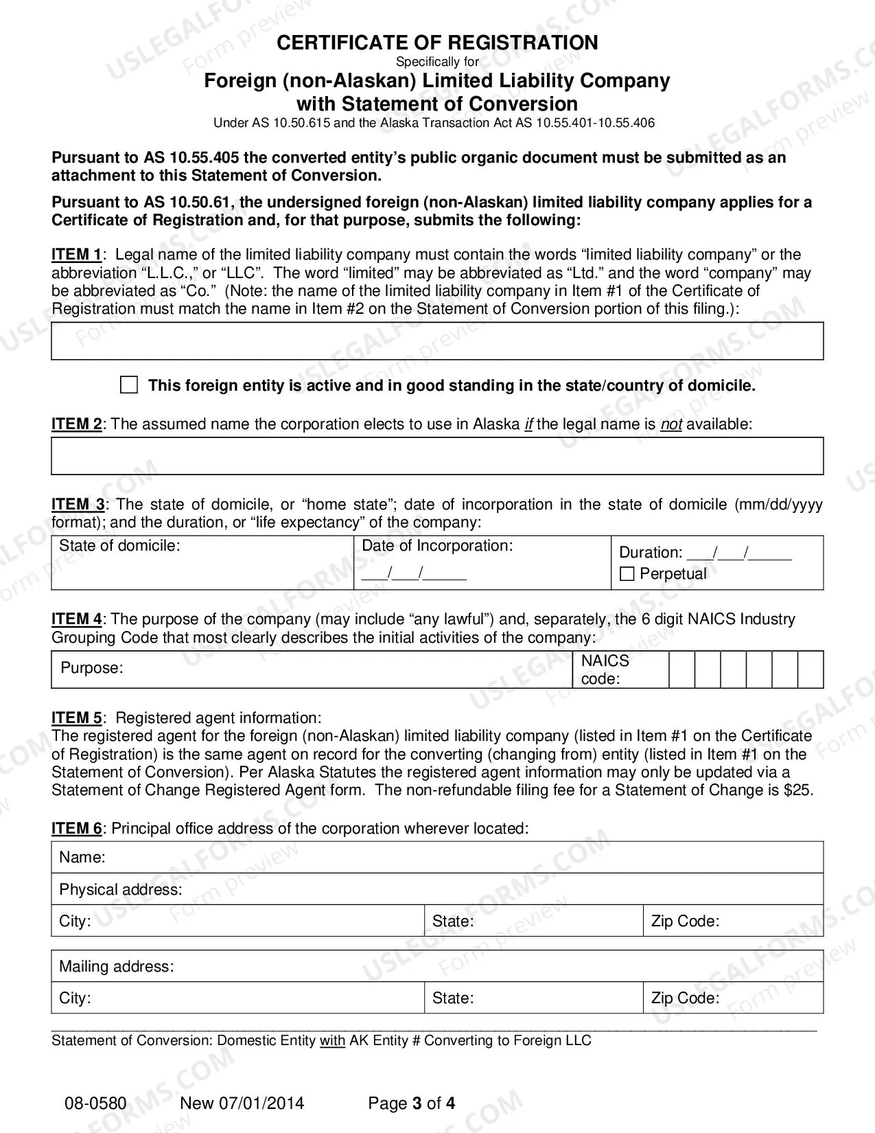 Preview Statement of Conversion - Domestic Entity with AK Entity Number Converting to Foreign LLC