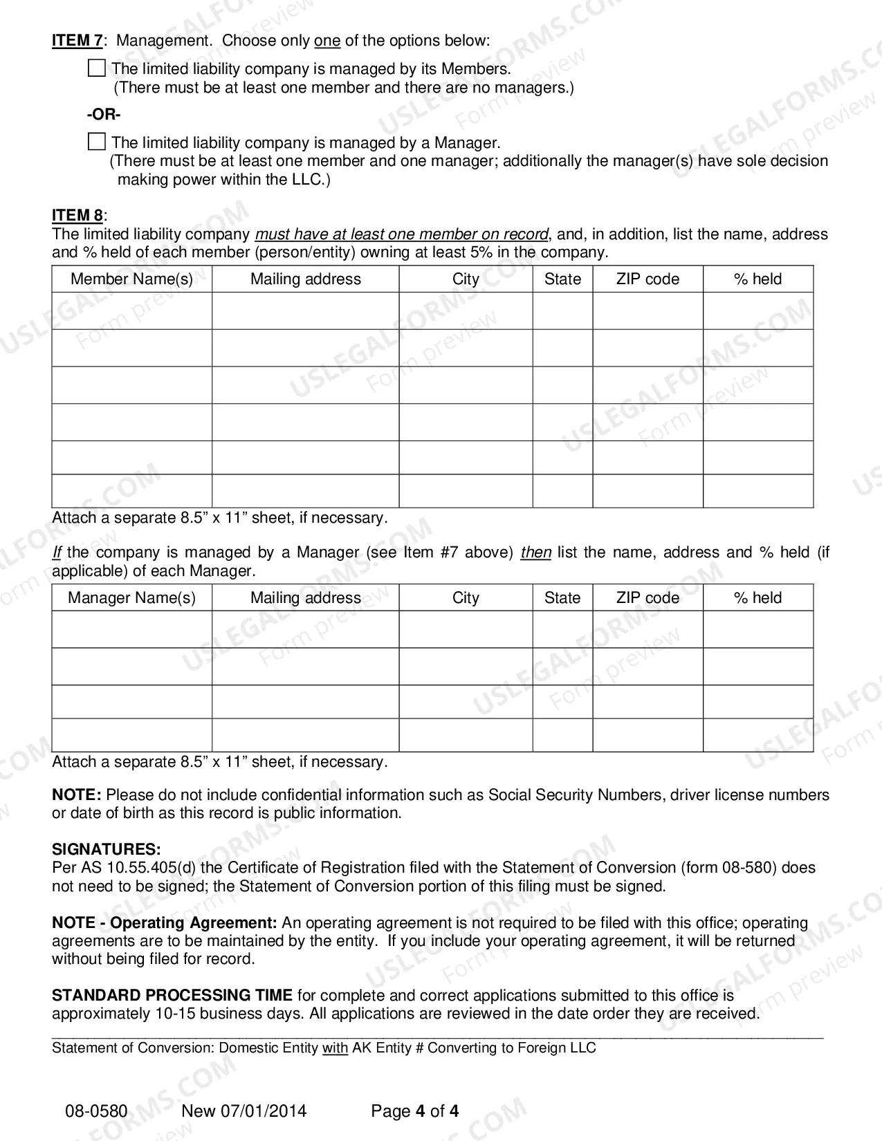 Preview Statement of Conversion - Domestic Entity with AK Entity Number Converting to Foreign LLC