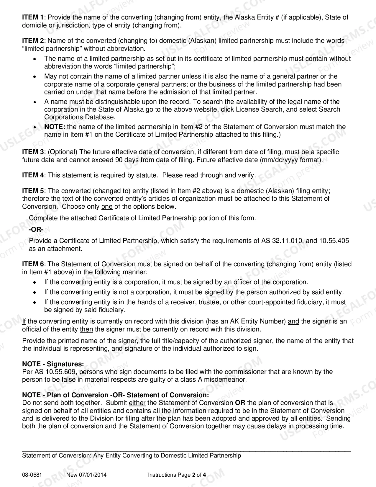 Preview Statement of Conversion - Any Entity Converting to Domestic Limited Parternship